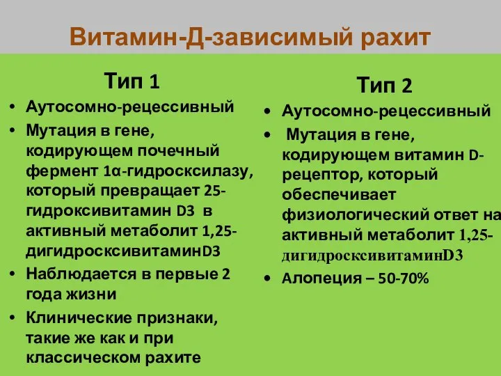 Тип 1 Аутосомно-рецессивный Мутация в гене, кодирующем почечный фермент 1α-гидросксилазу, который