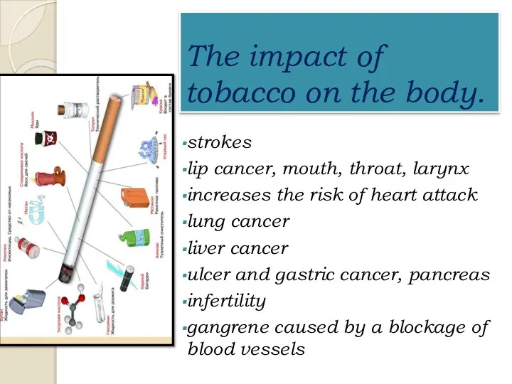 The impact of tobacco on the body. strokes lip cancer, mouth,