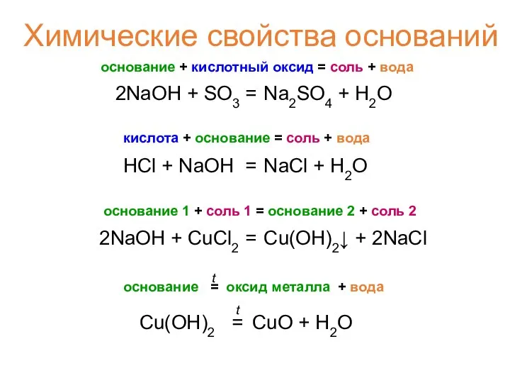 Химические свойства оснований основание + кислотный оксид = соль + вода