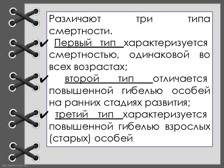 Различают три типа смертности. Первый тип характеризуется смертностью, одинаковой во всех