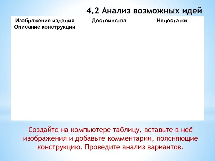 4.2 Анализ возможных идей Создайте на компьютере таблицу, вставьте в неё