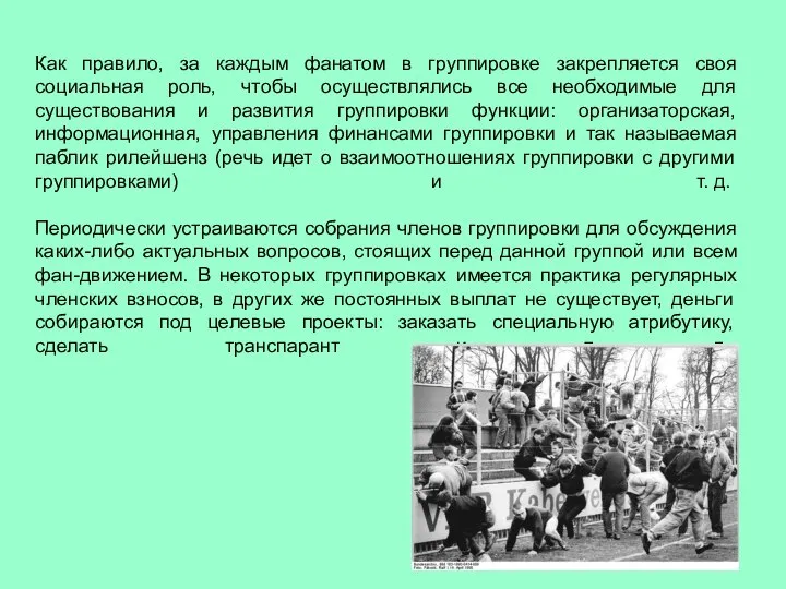 Как правило, за каждым фанатом в группировке закрепляется своя социальная роль,