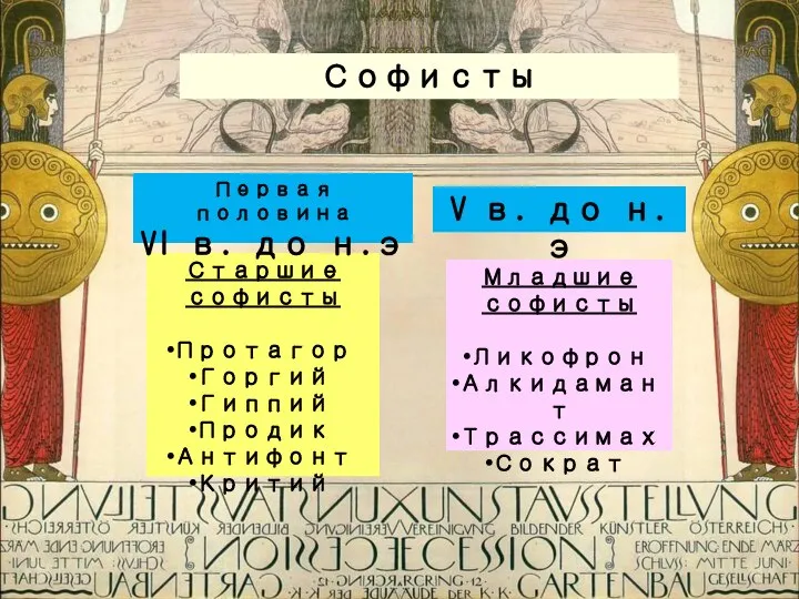 Софисты Старшие софисты Протагор Горгий Гиппий Продик Антифонт Критий Младшие софисты