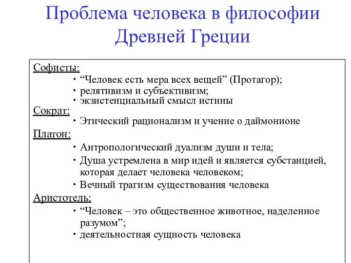 Проблема человека в философии Древней Греции Софисты: “Человек есть мера всех