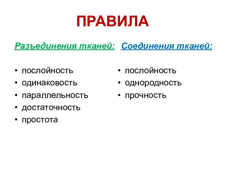 ПРАВИЛА Разъединения тканей: послойность одинаковость параллельность достаточность простота Соединения тканей: послойность однородность прочность