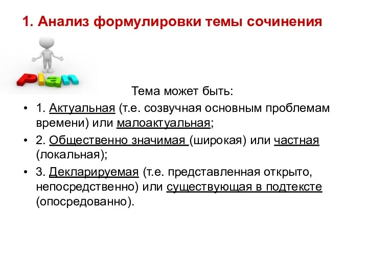 1. Анализ формулировки темы сочинения Тема может быть: 1. Актуальная (т.е.