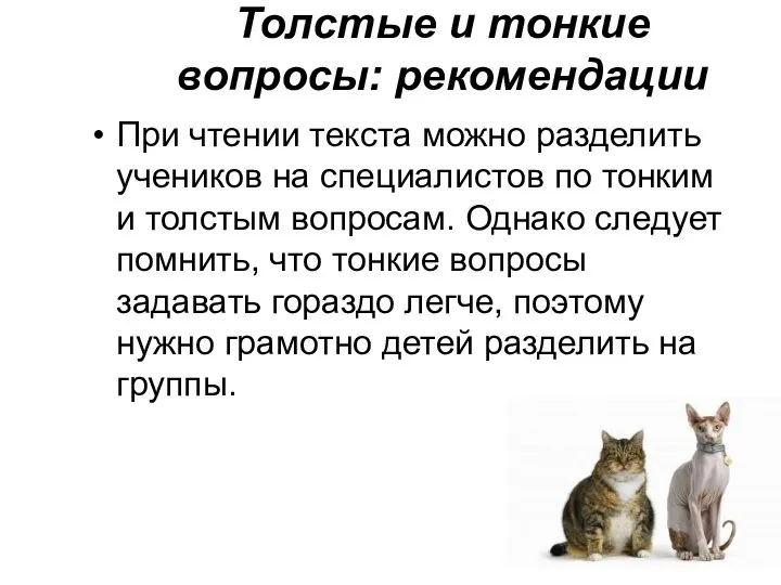 Толстые и тонкие вопросы: рекомендации При чтении текста можно разделить учеников