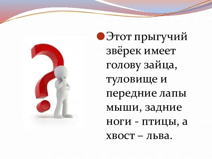 Этот прыгучий звёрек имеет голову зайца, туловище и передние лапы мыши,