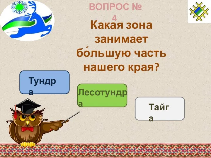 ВОПРОС № 4 Какая зона занимает бо́льшую часть нашего края? Тундра Лесотундра Тайга