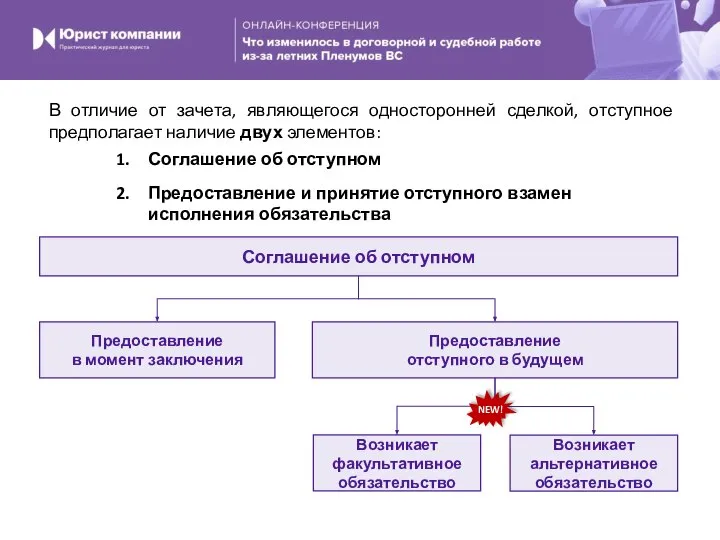 В отличие от зачета, являющегося односторонней сделкой, отступное предполагает наличие двух