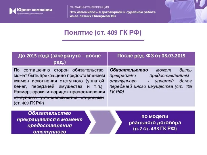 Обязательство прекращается в момент предоставления отступного по модели реального договора (п.2