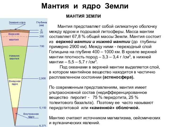 Мантия и ядро Земли МАНТИЯ ЗЕМЛИ Мантия представляет собой силикатную оболочку