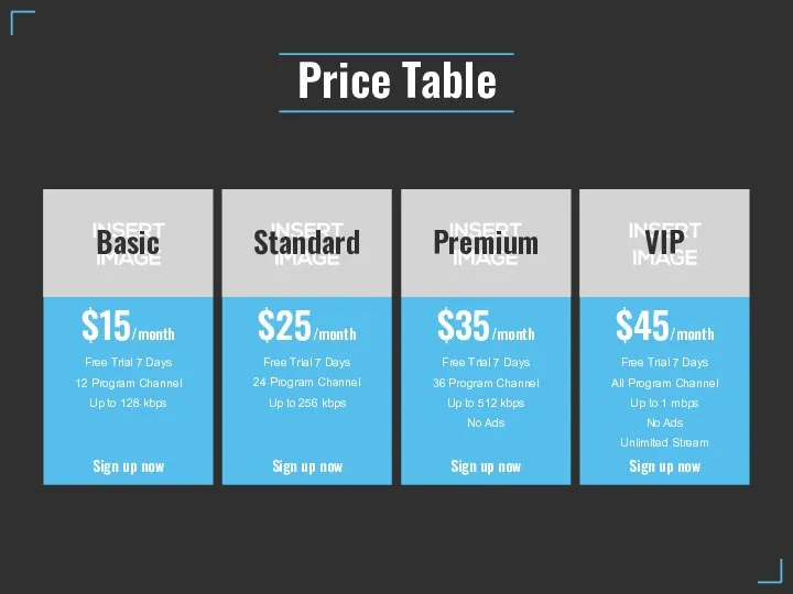 Price Table Basic Standard Premium VIP $15/month $25/month $35/month $45/month Free