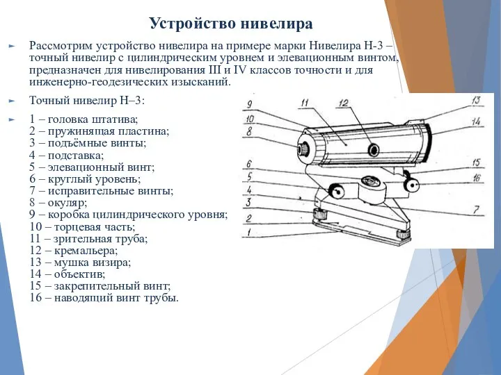 Устройство нивелира Рассмотрим устройство нивелира на примере марки Нивелира Н-3 –