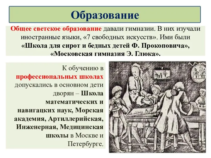 Общее светское образование давали гимназии. В них изучали иностранные языки, «7