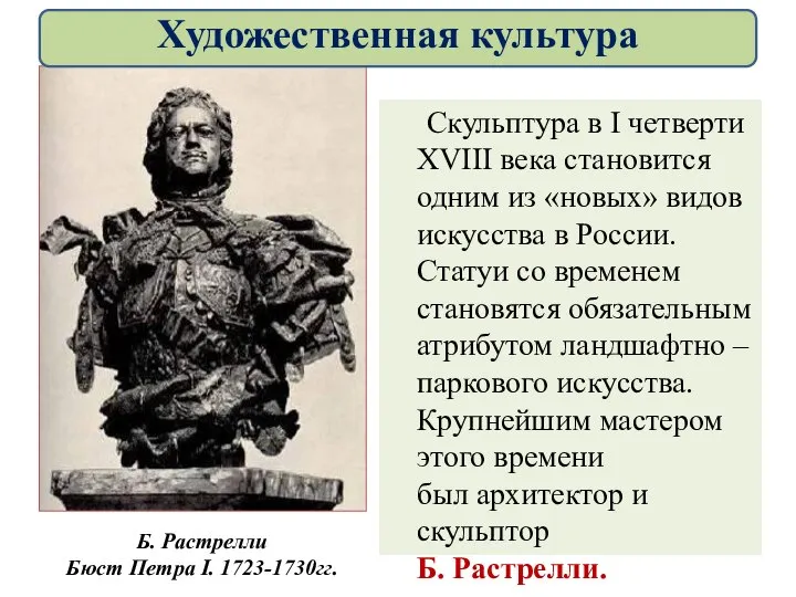 Скульптура в I четверти XVIII века становится одним из «новых» видов