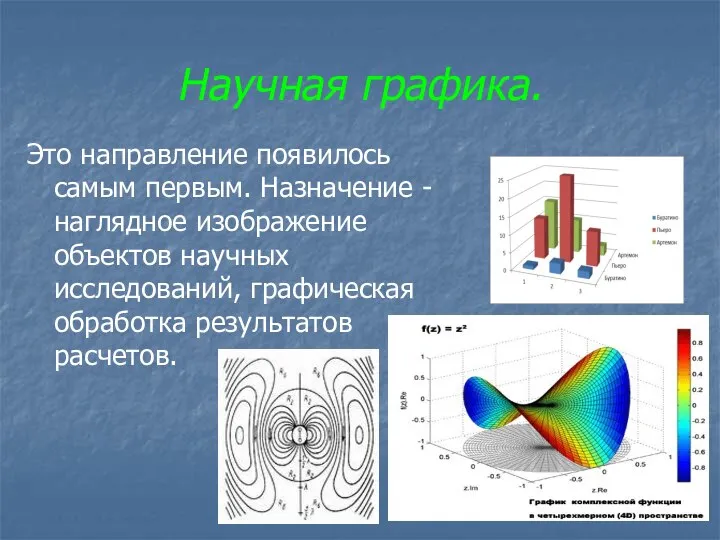 Научная графика. Это направление появилось самым первым. Назначение - наглядное изображение