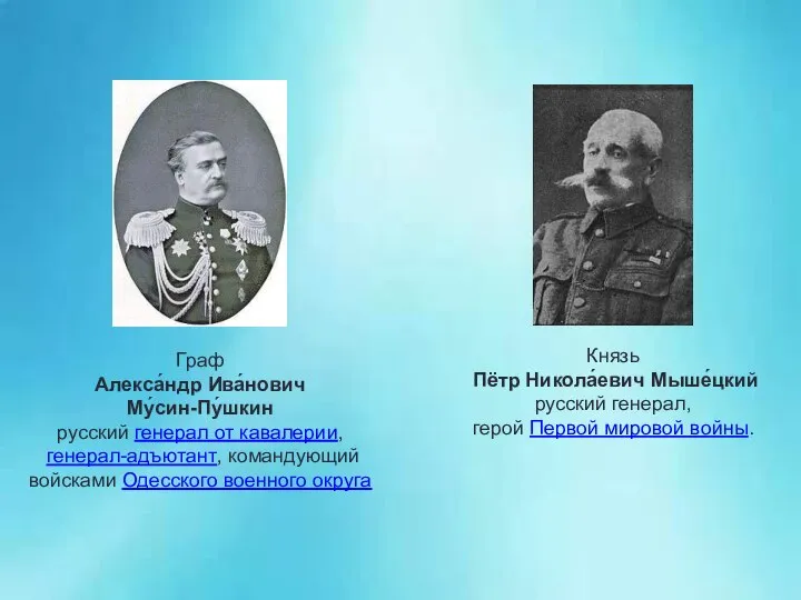 Граф Алекса́ндр Ива́нович Му́син-Пу́шкин русский генерал от кавалерии, генерал-адъютант, командующий войсками
