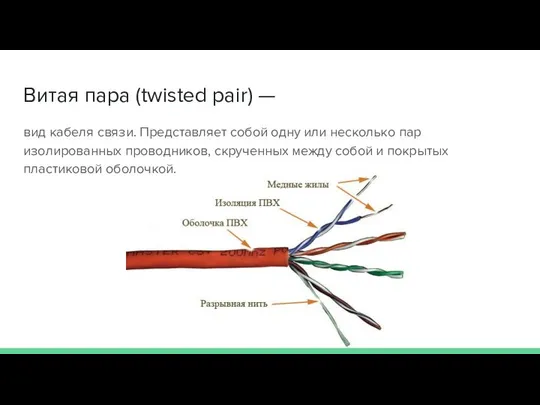 Витая пара (twisted pair) — вид кабеля связи. Представляет собой одну