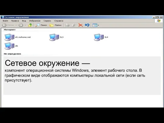 Сетевое окружение — компонент операционной системы Windows, элемент рабочего стола. В