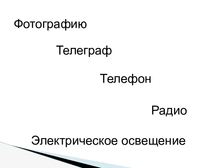 Фотографию Телеграф Телефон Электрическое освещение Радио