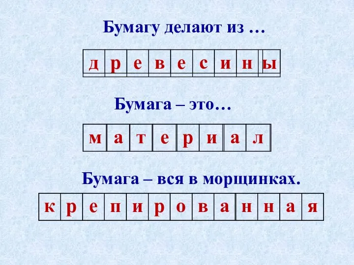 Бумагу делают из … Бумага – это… Бумага – вся в морщинках.