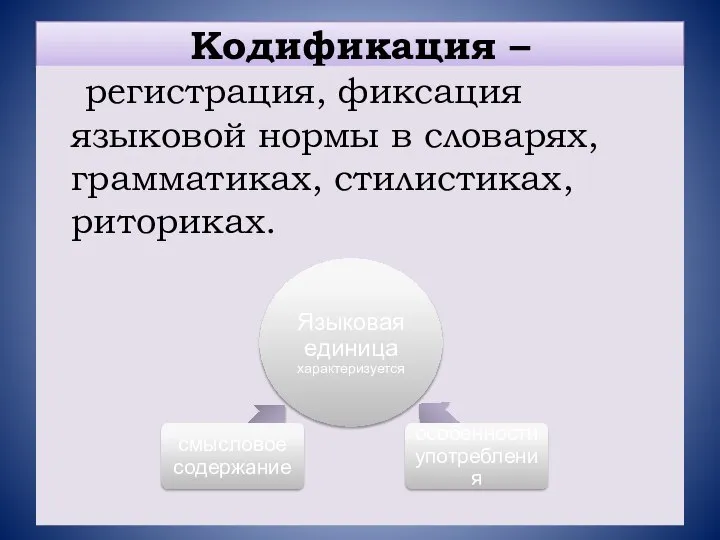 Кодификация – регистрация, фиксация языковой нормы в словарях, грамматиках, стилистиках, риториках.