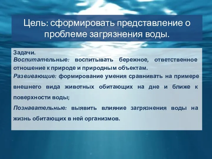 Цель: сформировать представление о проблеме загрязнения воды. Задачи. Воспитательные: воспитывать бережное,