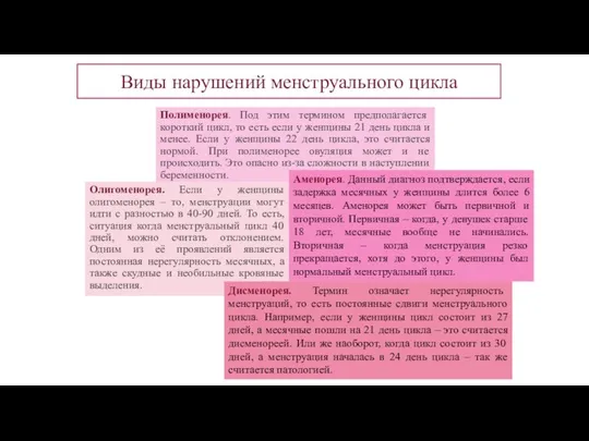 Виды нарушений менструального цикла Полименорея. Под этим термином предполагается короткий цикл,