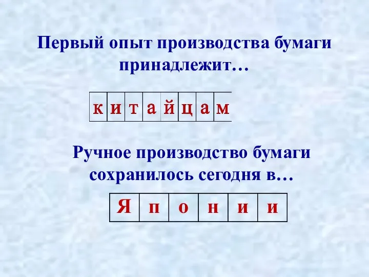 Первый опыт производства бумаги принадлежит… Ручное производство бумаги сохранилось сегодня в…