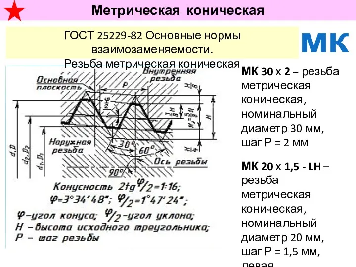 Метрическая коническая МК ГОСТ 25229-82 Основные нормы взаимозаменяемости. Резьба метрическая коническая