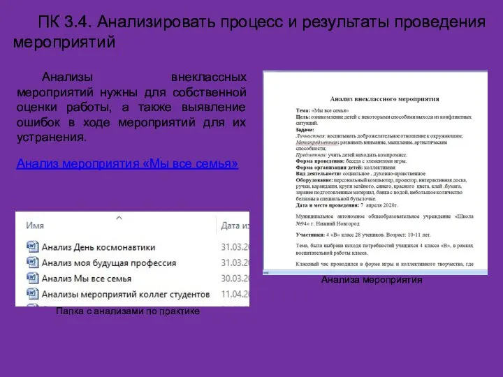 ПК 3.4. Анализировать процесс и результаты проведения мероприятий Анализы внеклассных мероприятий