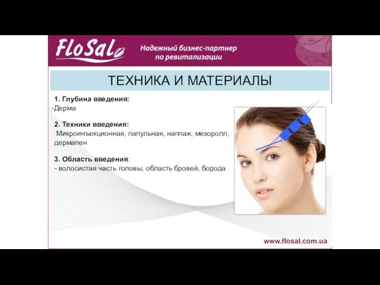 www.flosal.com.ua ТЕХНИКА И МАТЕРИАЛЫ 1. Глубина введения: Дерма 2. Техники введения: