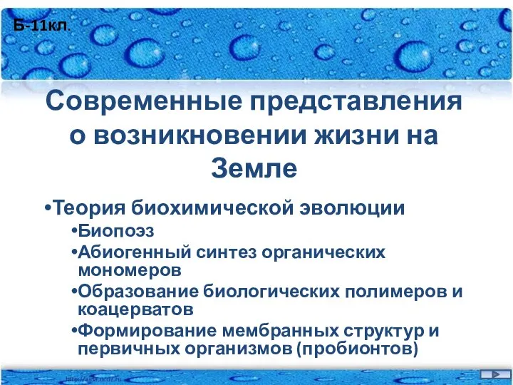 Современные представления о возникновении жизни на Земле Теория биохимической эволюции Биопоэз