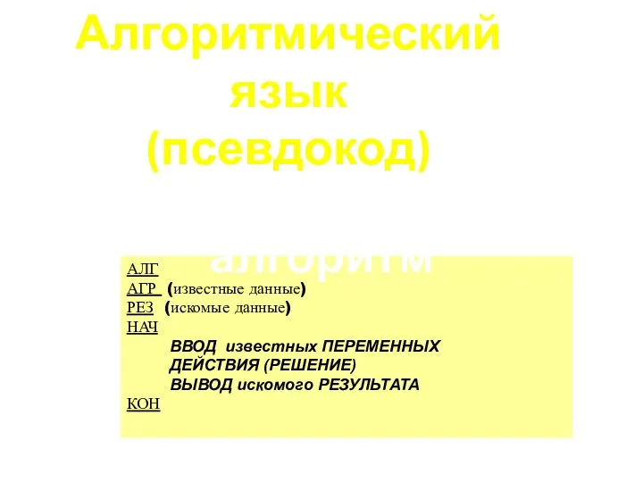 Алгоритмический язык (псевдокод) АЛГ АГР (известные данные) РЕЗ (искомые данные) НАЧ