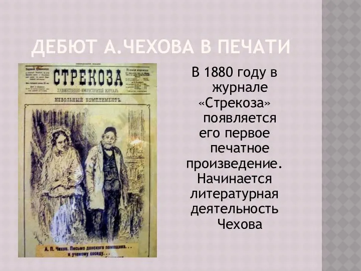 ДЕБЮТ А.ЧЕХОВА В ПЕЧАТИ В 1880 году в журнале «Стрекоза» появляется