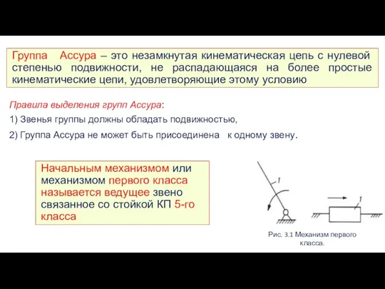 Правила выделения групп Ассура: 1) Звенья группы должны обладать подвижностью, 2)