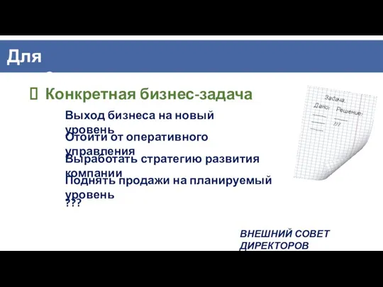 Выход бизнеса на новый уровень Отойти от оперативного управления Выработать стратегию