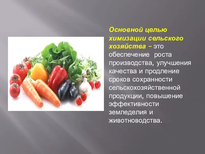 Основной целью химизации сельского хозяйства – это обеспечение роста производства, улучшения