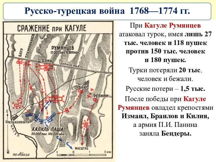 При Кагуле Румянцев атаковал турок, имея лишь 27 тыс. человек и