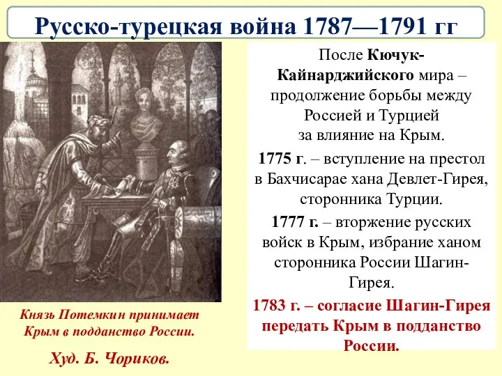 После Кючук-Кайнарджийского мира – продолжение борьбы между Россией и Турцией за