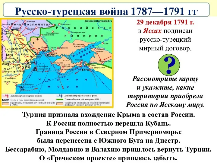 29 декабря 1791 г. в Яссах подписан русско-турецкий мирный договор. Рассмотрите