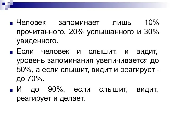 Человек запоминает лишь 10% прочитанного, 20% услышанного и 30% увиденного. Если