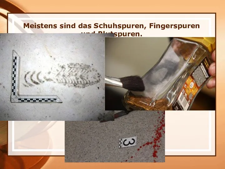 Meistens sind das Schuhspuren, Fingerspuren und Blutspuren.