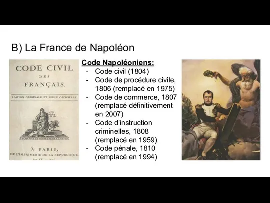 B) La France de Napoléon Code Napoléoniens: Code civil (1804) Code