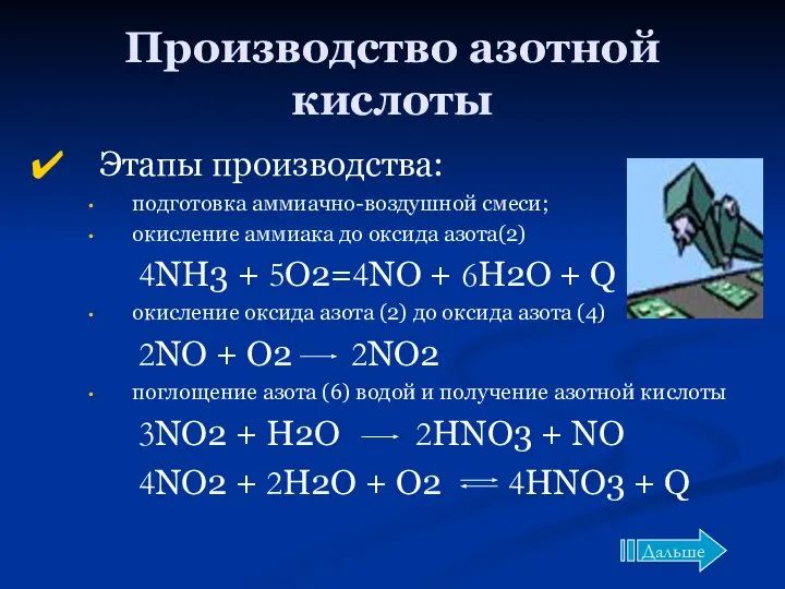 Производство азотной кислоты Этапы производства: подготовка аммиачно-воздушной смеси; окисление аммиака до