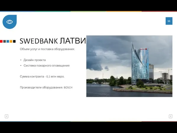 SWEDBANK ЛАТВИЯ Объем услуг и поставка оборудования: Дизайн проекта Система пожарного