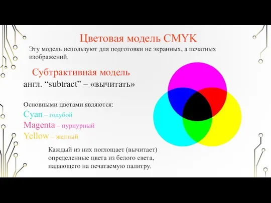 Cyan – голубой Magenta – пурпурный Yellow – желтый англ. “subtract”