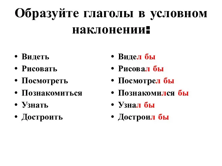 Образуйте глаголы в условном наклонении: Видеть Рисовать Посмотреть Познакомиться Узнать Достроить