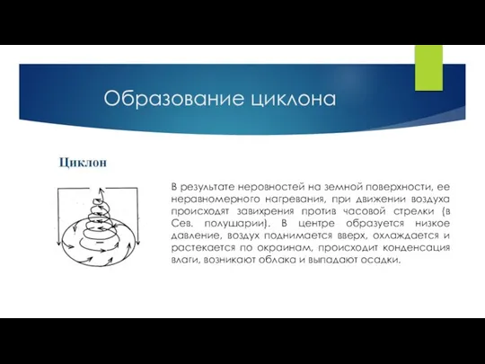 Образование циклона В результате неровностей на земной поверхности, ее неравномерного нагревания,